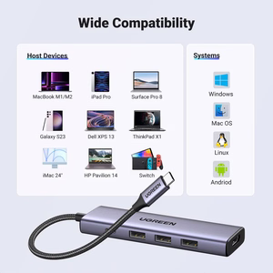 Ugreen CM511 15597 5in1 sadalītājs USB-C - USB-C PD / HDMI / 3x USB-A 3.0 - pelēks