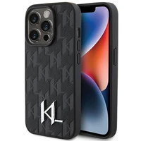 Karl Lagerfeld ādas monogramma karsts zīmogs metāla logotips viedtālruņa apvalks iPhone 15 Pro - melns