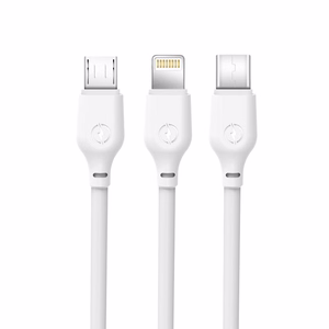 XO NB103 USB-A kabelis 3 vienā ar Lightning, USB-C un Micro-USB savienotājiem, 1 m, 2,1 A – balts