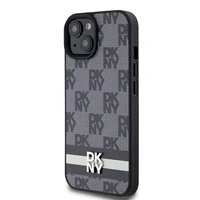 DKNY Ādas rūtainais mono raksts un drukātās svītras viedtālruņa apvalks iPhone 15 Plus / 14 Plus - melns