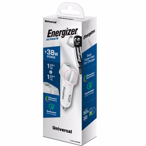 Energizer Ultimate D38WS auto lādētājs, USB-C + USB-A, 38 W PD + QC 3,0, baltā un sudraba krāsā