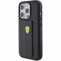 Ferrari Grip Stand Metal Logo apvalks iPhone 15 Pro – melns