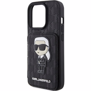 Karl Lagerfeld Saffiano karšu slotiņas un statīvs monogramma Ikonik plāksteris apvalks iPhone 15 Pro - melns