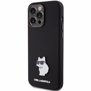 Karl Lagerfeld silikona Choupette Metal Pin viedtālruņa apvalks iPhone 15 Pro Max - melns