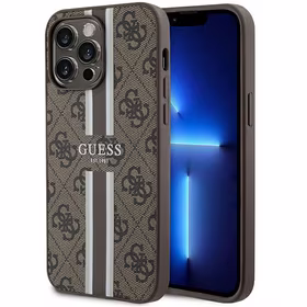 Guess 4G Printed Stripes Magnētiskais viedtālruņa apvalks iPhone 15 Pro Max - brūns