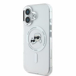 Karl Lagerfeld IML Metal Karl&Choupette Head magnētiskais viedtālruņa apvalks iPhone 16 - balts