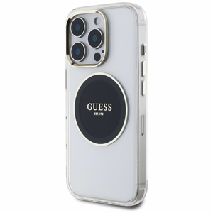Guess IML Metal Colored Circle Classic Logo Magnētiskais viedtālruņa apvalks iPhone 16 Pro - melns
