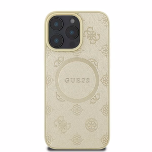 Guess Saffiano Peony klasiskā logotipa magnētiskais viedtālruņa apvalks iPhone 16 Pro - zelta