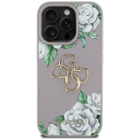 Guess Grained Roses Big 4G Logo viedtālruņa apvalks iPhone 16 Pro Max - violets