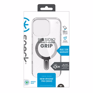 Speck Presidio Perfect-Clear Grip ClickLock & MagSafe vāciņš ierīcei iPhone 16 Pro, caurspīdīgs / hroma apdare / Serene Silver