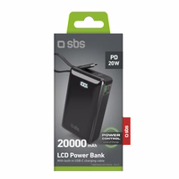 Portatīvais lādētājs SBS 20000 mAh 20W ar iebūvētu USB-C kabeli un digitālo indikatoru - melna