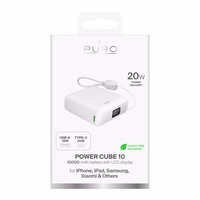 Puro 10000mAh 20W USB-C USB-A portatīvais lādētājs ar ekrānu un iebūvētu USB-C kabeli – balta