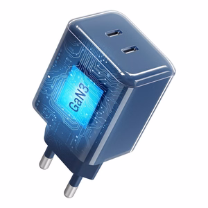 Tālruņa lādētājs Forcell F-Energy GaN III Crystal Color, 2x USB C, AVS, SSFC3.0, 60W + silikona kabelis USB C uz USB C VT-60, tumši zils