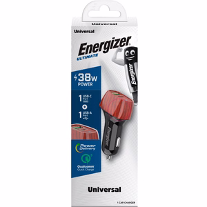 Energizer Ultimate D38WO auto lādētājs, USB-C + USB-A, 38 W PD + QC 3,0, ar riekstkoka rakstu