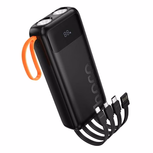 Portatīvais lādētājs Hoco 20000 mAh 2A ar iebūvētiem kabeļiem USB A + USB C + Lightning + Micro USB un dubultu gaismu J151A melns