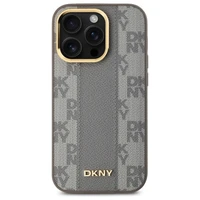 DKNY Ādas rūtainais mono raksts Magnētiskais viedtālruņa apvalks iPhone 14 Pro - bēša