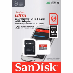 SanDisk atmiņas karte Ultra Android microSDXC 64GB 140MB/s A1 Cl.10 UHS-I + adapteris