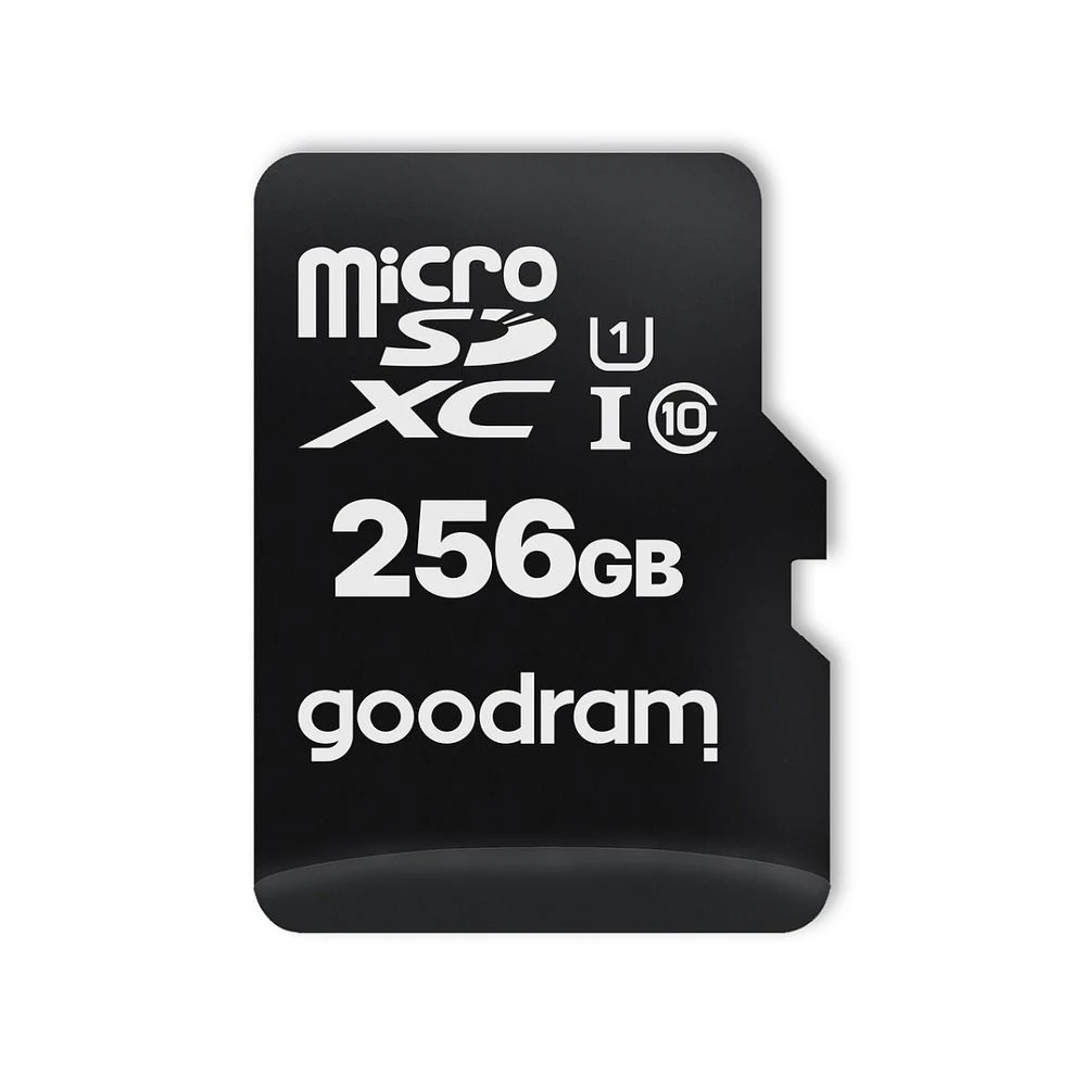 Melna GOODRAM 256 GB microSD atmiņas karte tuvplānā