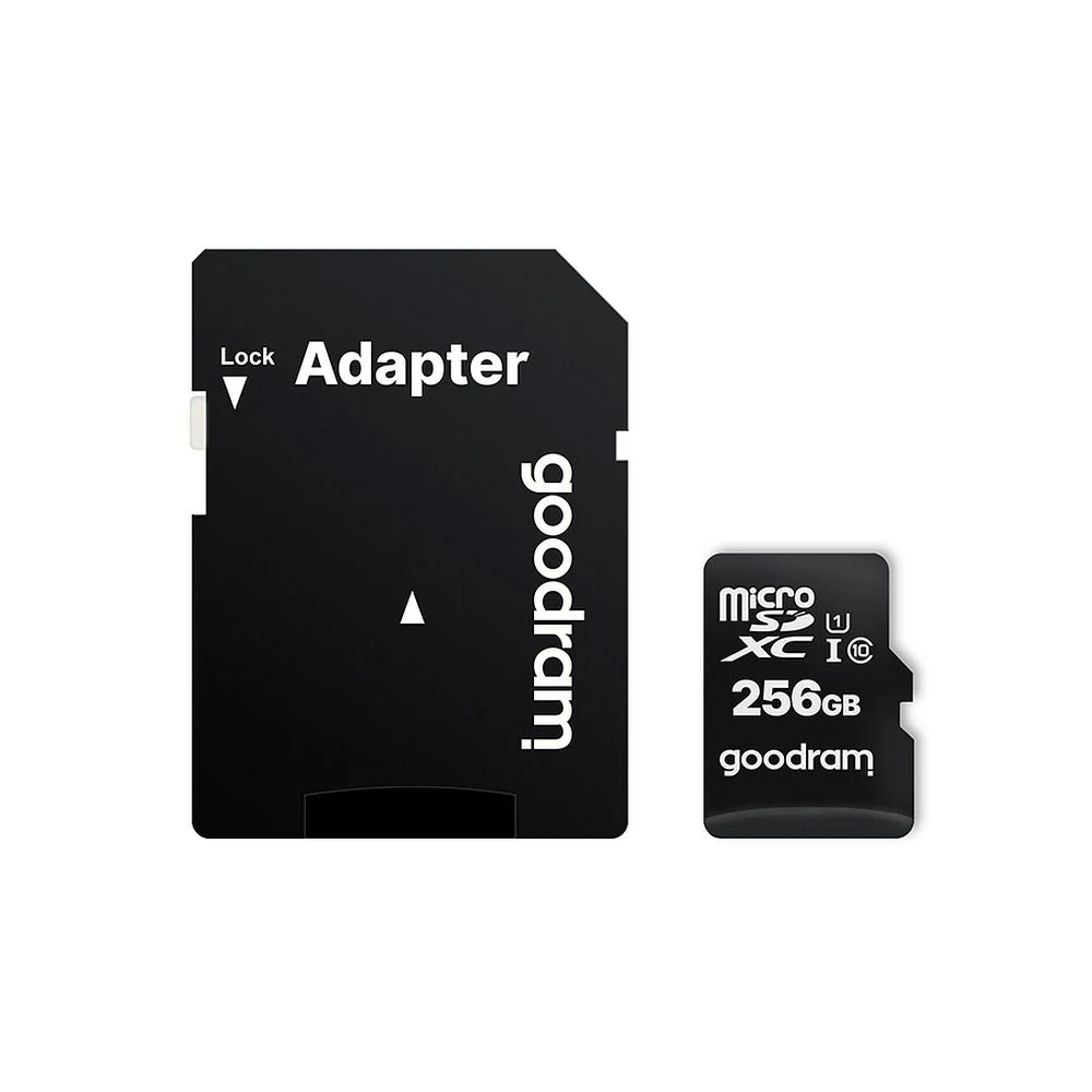 GOODRAM SD adapteris un blakus novietota 256 GB microSD atmiņas karte