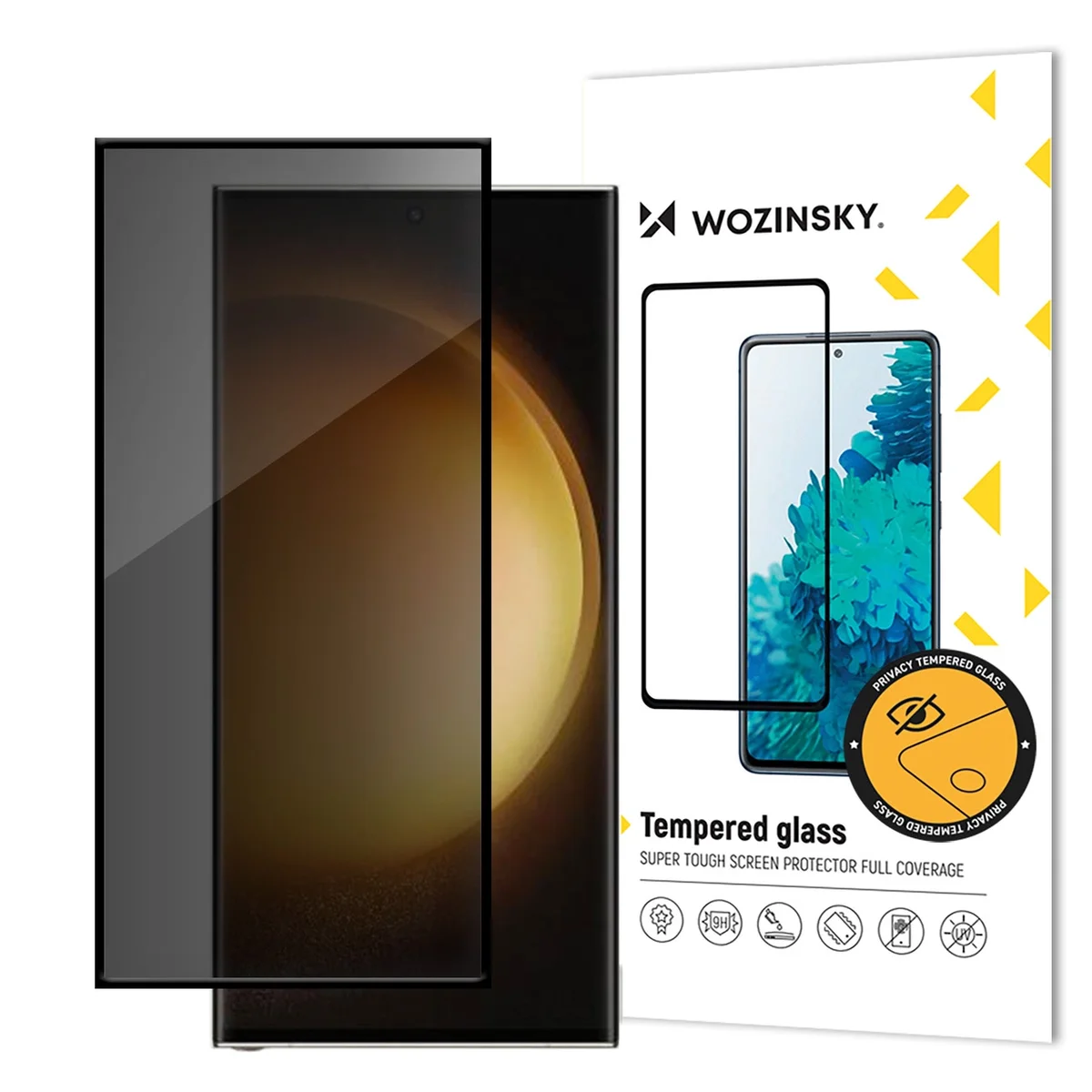 Wozinsky Privacy Glass rūdītais stikls ar Anti-spy filtru uz balta fona