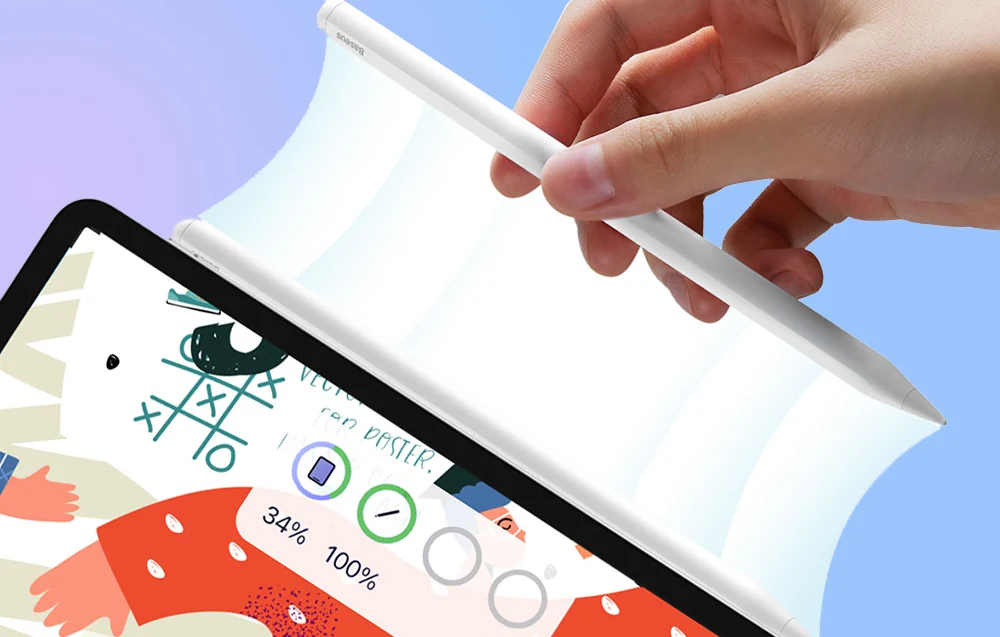 Hand using Baseus stylus with on-screen controls