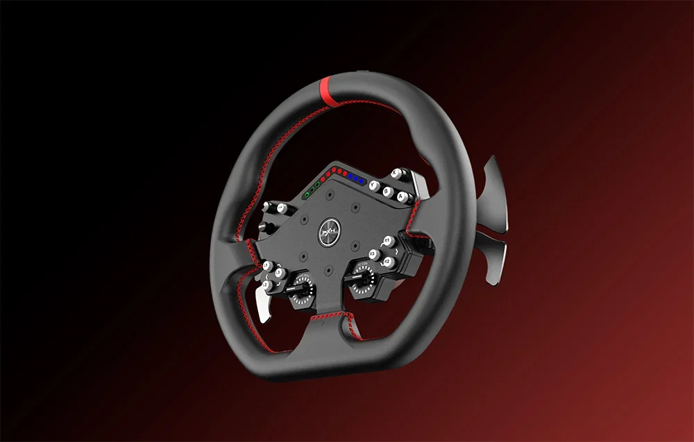 PXN stūre ar centrālo vadības paneli ar pogām un LED gaismiņām un metāla pārnesumu pārslēgšanas lāpstiņām sānos