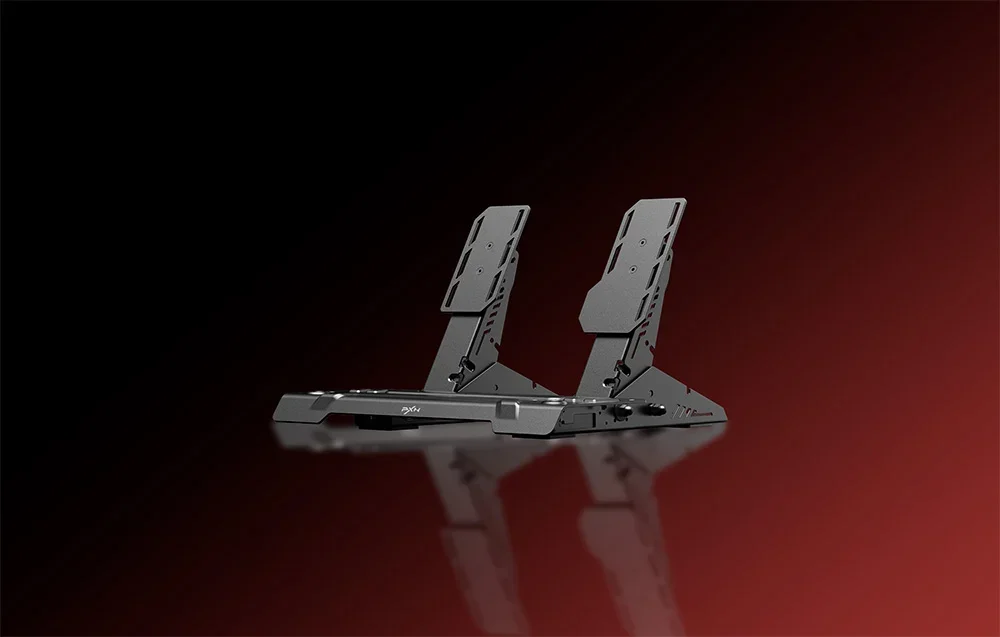 Side view of the PXN pedals showing the metal construction and adjustable pedal plates with a mirrored surface