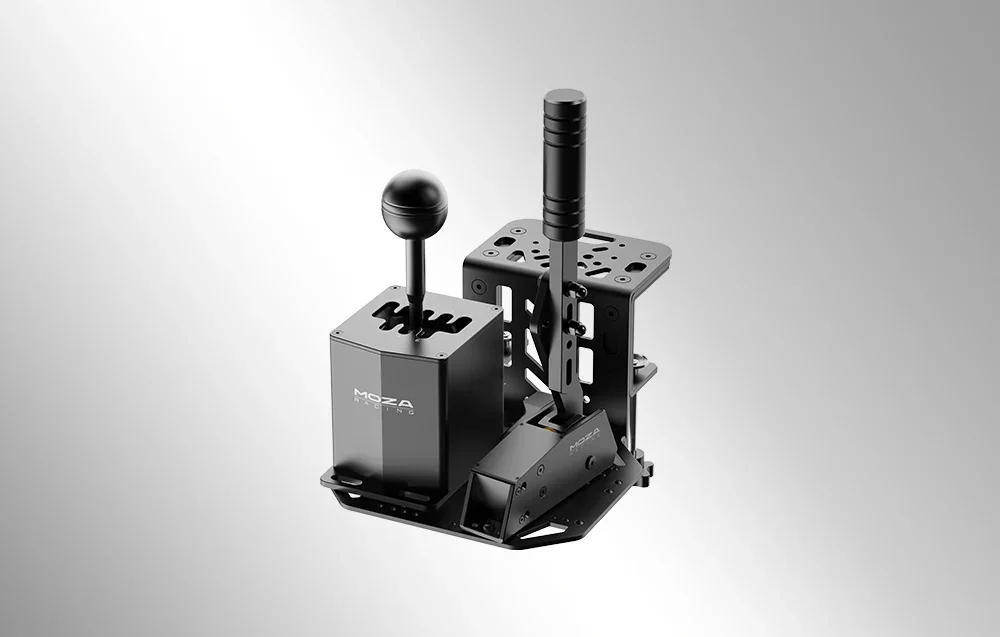 Gear stick and brake mounted on mounting plate on gray background