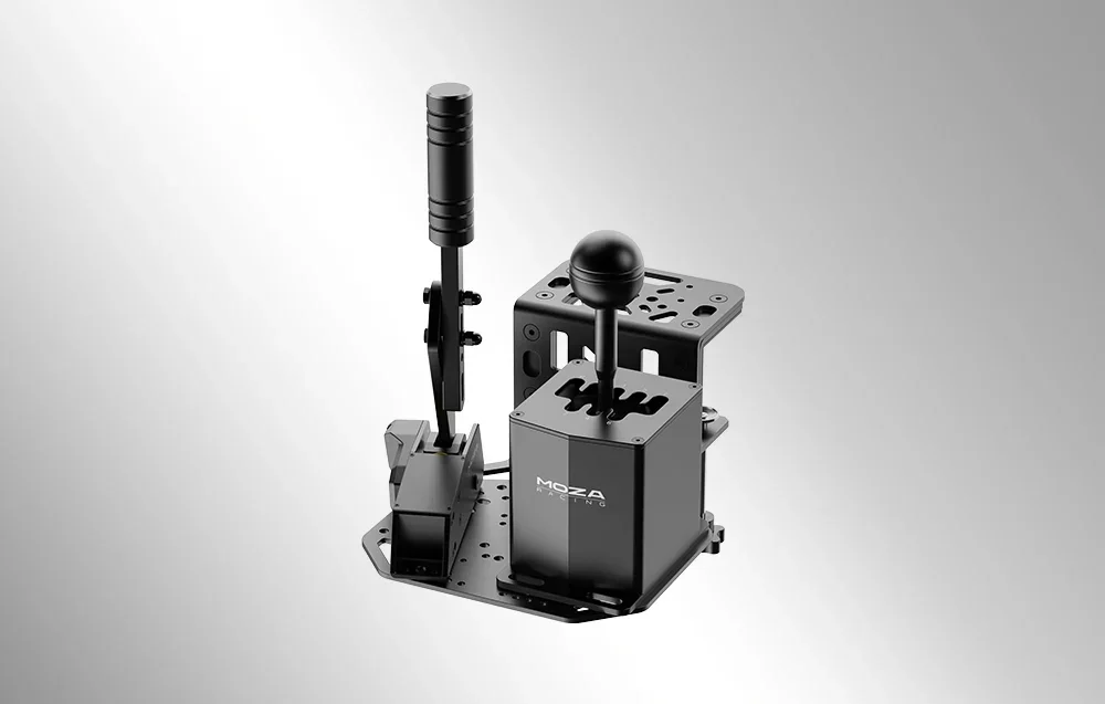 Brake and gear stick for racing simulator on gray background