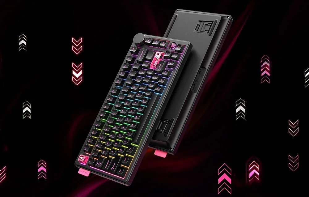 1 black Onikuma keyboard on black background with colored arrows
