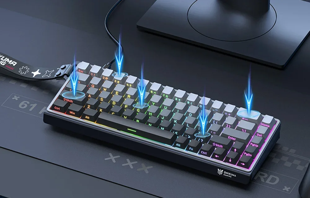 Blue arrows over blue keyboard on black desk