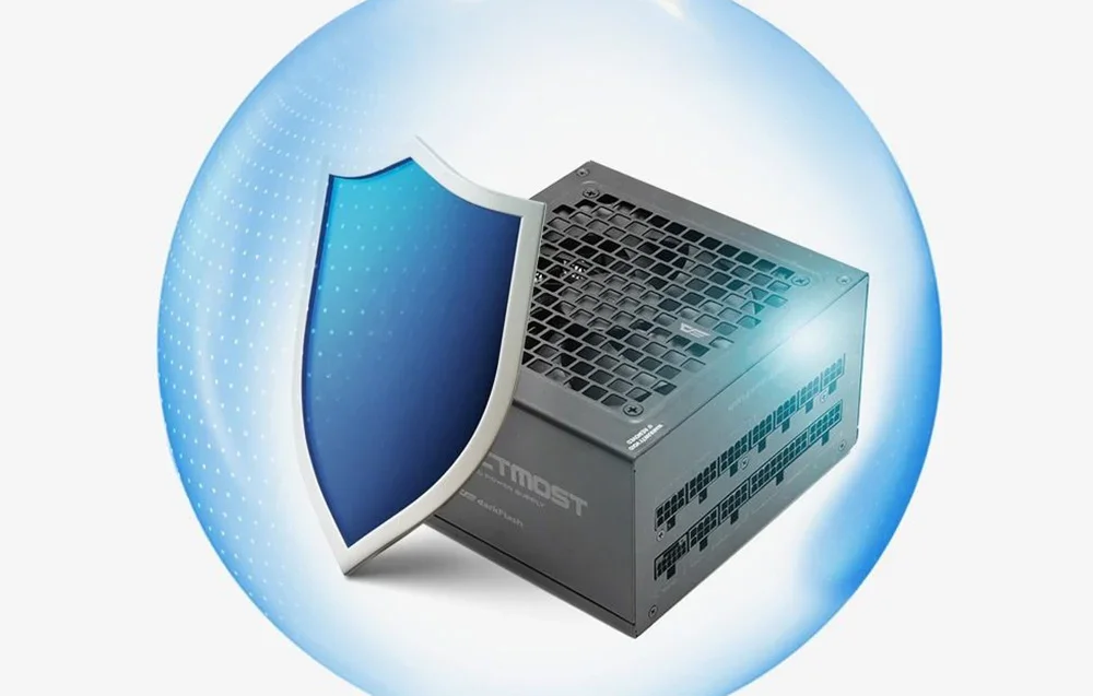 Melns datora barošanas bloks ar disku zilā burbuļā pelēkā fonā