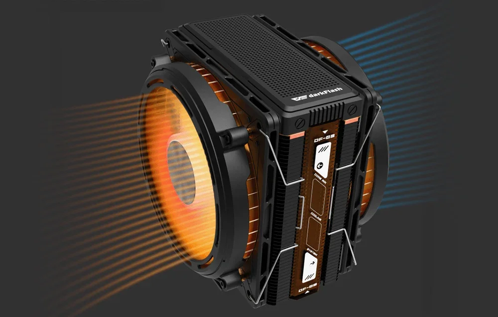 Darkflash aktīvais dzesētājs ar diviem ventilatoriem un apgaismojumu uz tumša fona