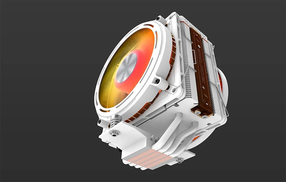 Balts aktīvais dzesētājs no apakšas uz melna fona