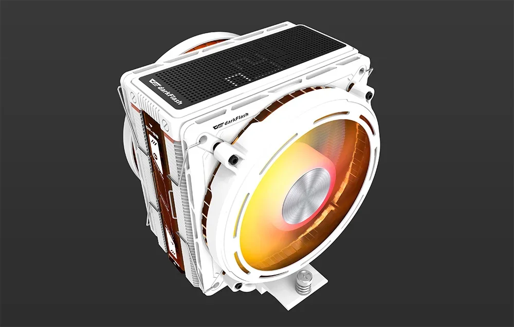 Darkflash aktīvais dzesētājs ar apgaismojumu un LED ekrānu uz melna fona