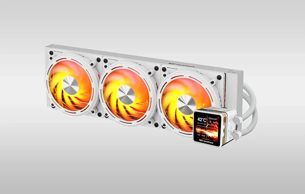 White water cooling with 3 fans and IPS display on bright background