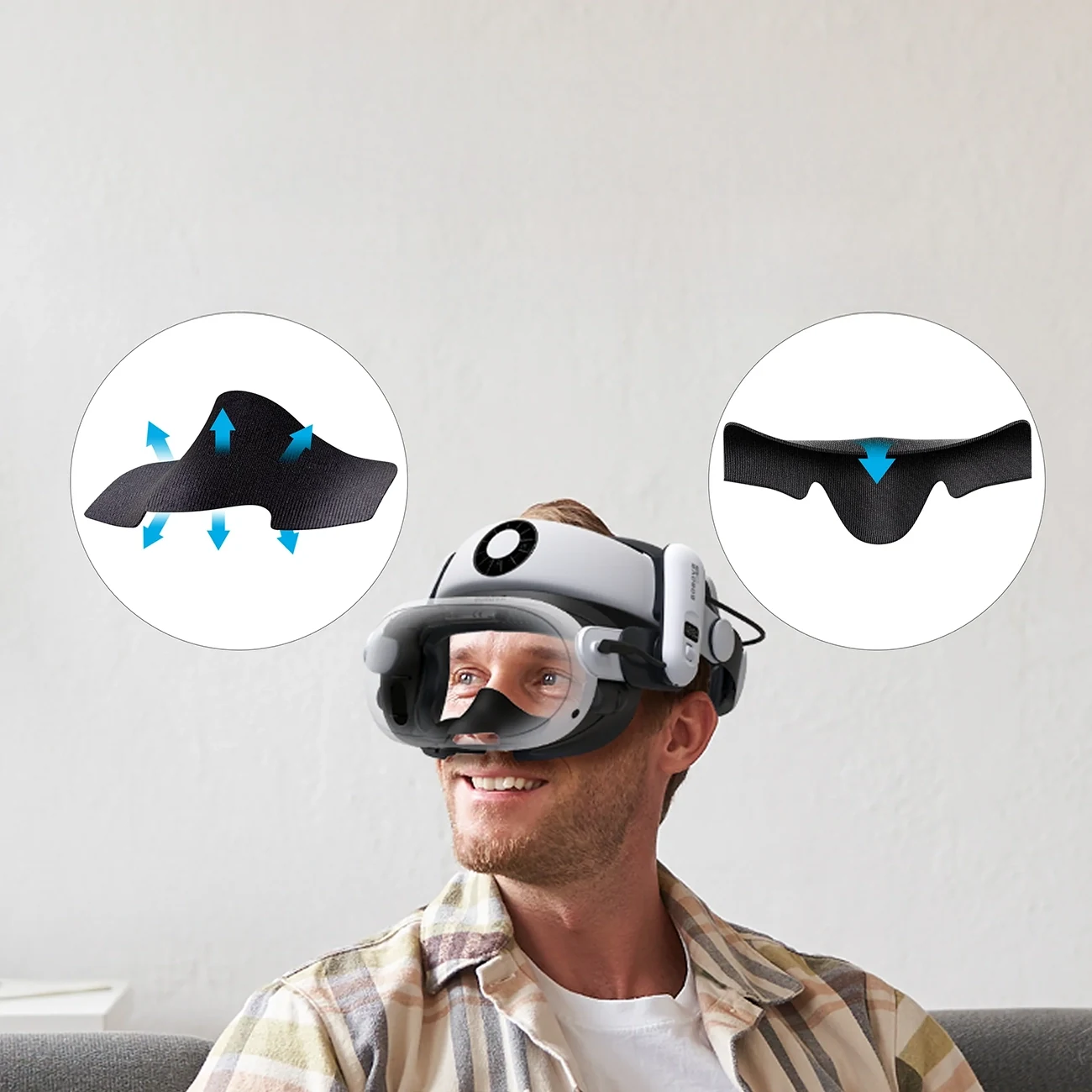 Persona ar Meta Quest 3 un redzamu BOBOVR F3 deguna gaismas blīvi