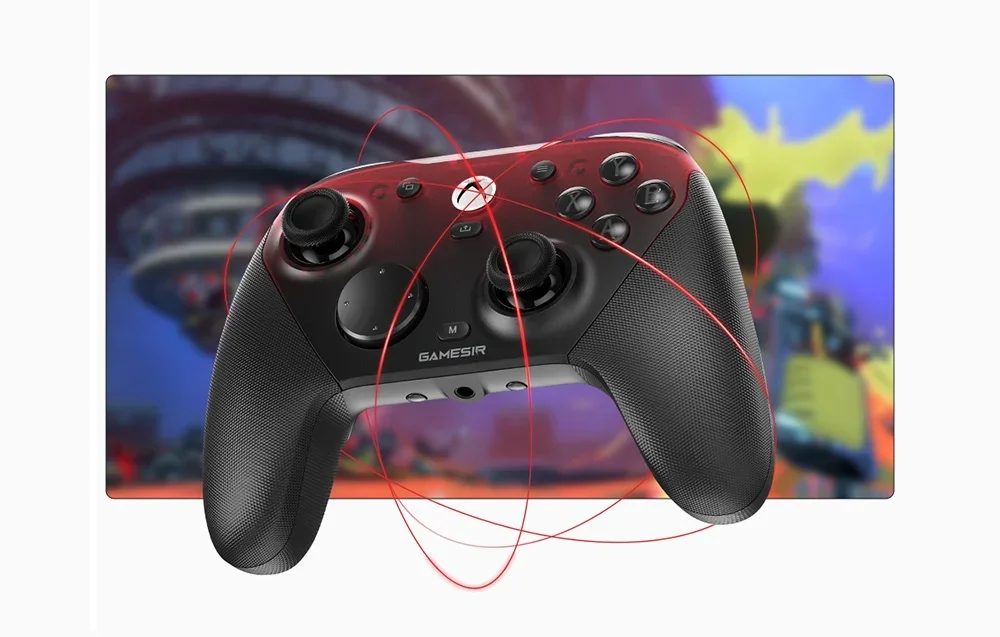 Melns un sarkans GameSir kontrolleris spēļu fonā ar sarkanām līnijām, kas simbolizē vadības precizitāti.