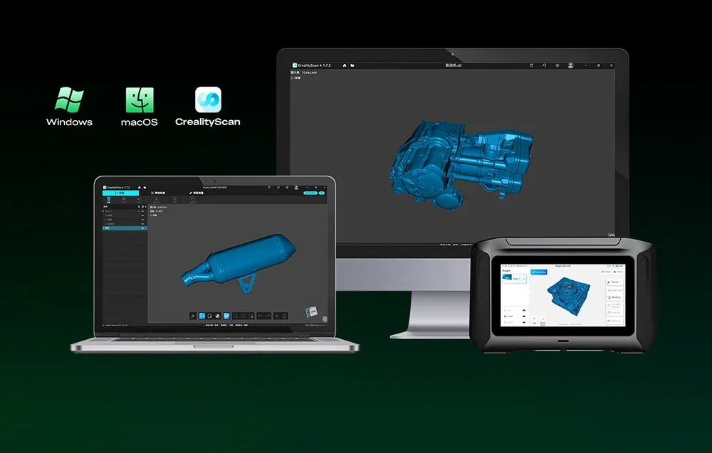 CrealityScan software ekrānos ar motocikla detaļu 3D modeļiem