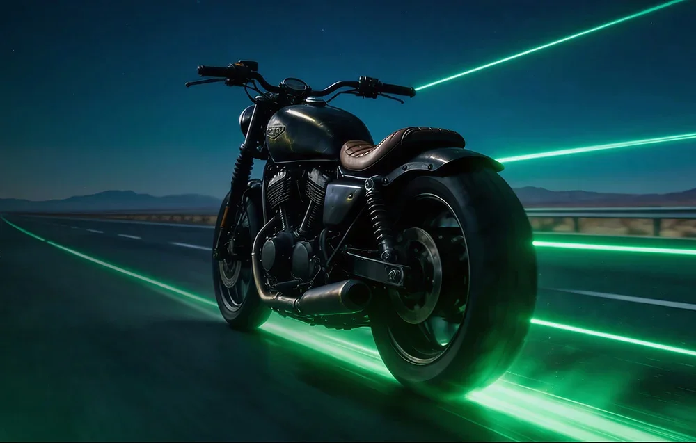 Motocikls nakts ceļā ar zaļām gaismas svītrām