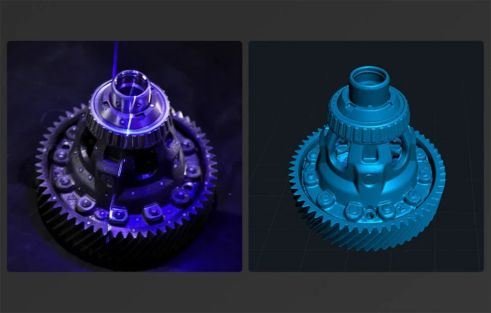 Laser skenēta mehāniska detaļa un tās 3D modelis blakus