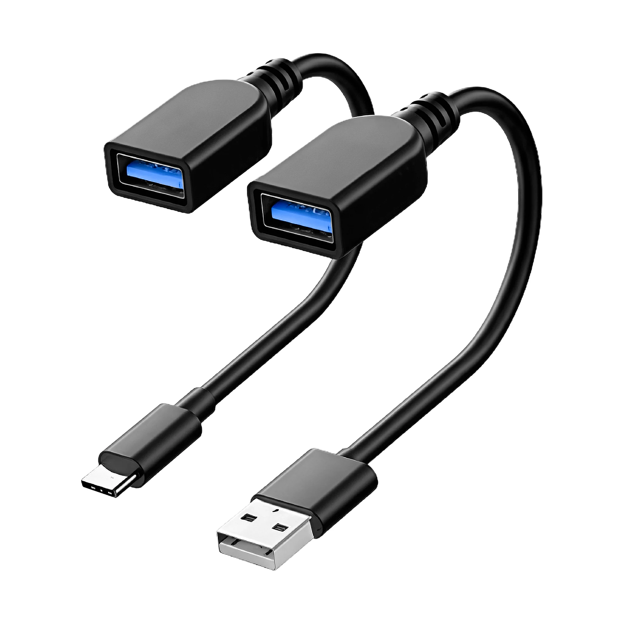 Divi īsi kabeļi ar USB-A ligzdām un USB-C un USB-A spraudņiem
