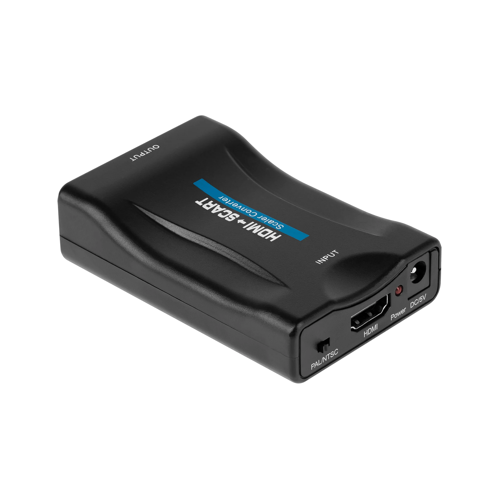 Melns ZLA0111 pārveidotājs ar HDMI INPUT marķējumu un PAL/NTSC slēdzi