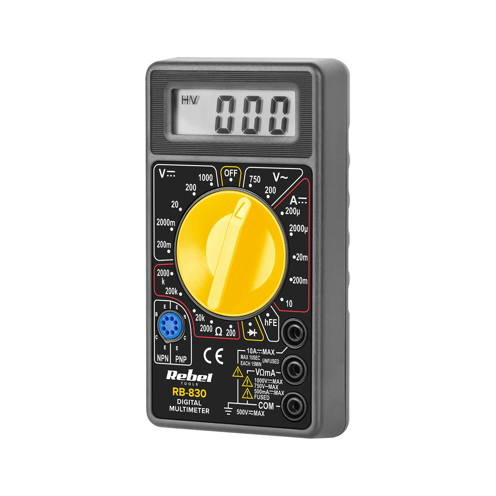 REBEL RB-830 no priekšpuses ar digitālo displeju un dzeltenu grozāmo slēdzi