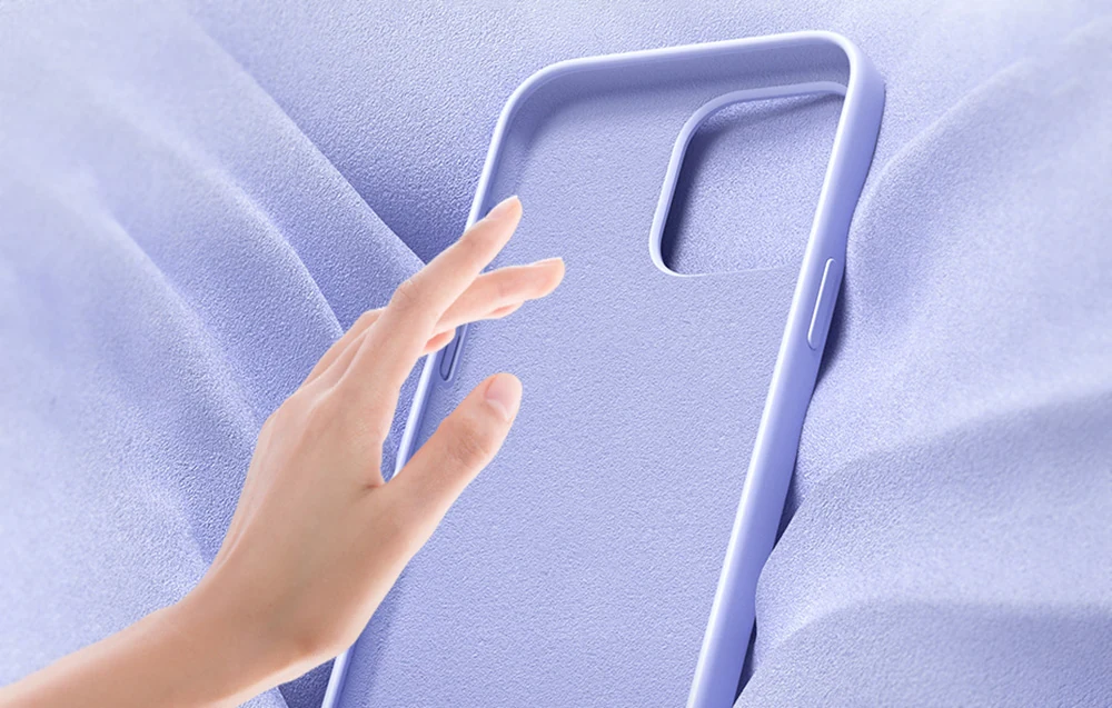 Hand touching the soft lilac surface of a Vention iPhone case