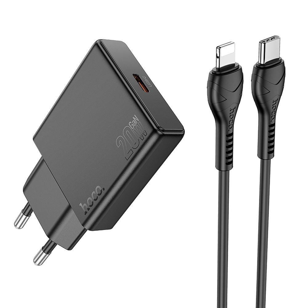 Lādētājs viedtālrunim Hoco Slim USB C QC PD 30W + kabelis USB C uz Lightning N37 melns