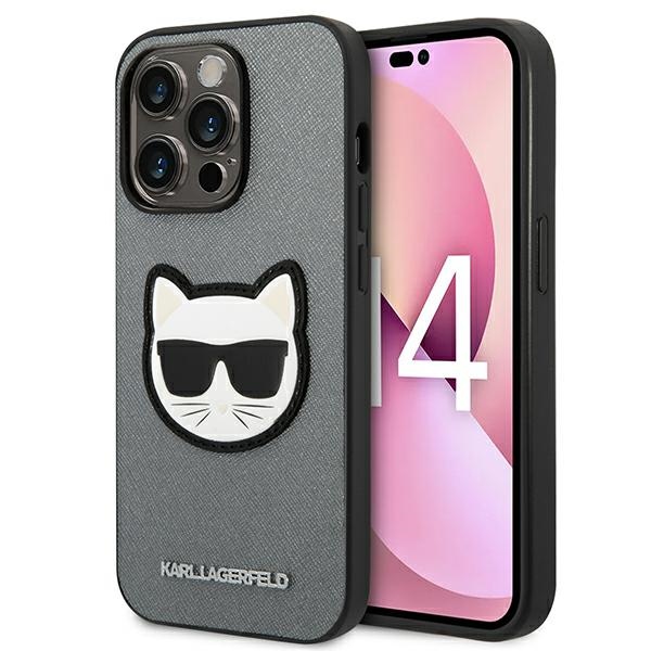 Karl Lagerfeld Saffiano Choupette Head Patch viedtālruņa apvalks iPhone 14 Pro Max - sudraba