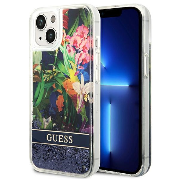 Guess GUHCP14SLFLSB iPhone 14 6.1 "zils cietais apvalks Flower Liquid Glitter