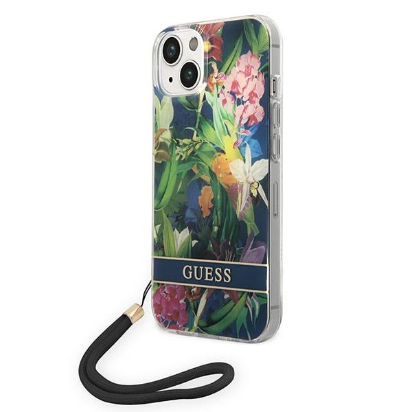 Guess GUOHCP14MHFLSB iPhone 14 Plus 6.7 "zils/zils cietais apvalks Ziedu siksna