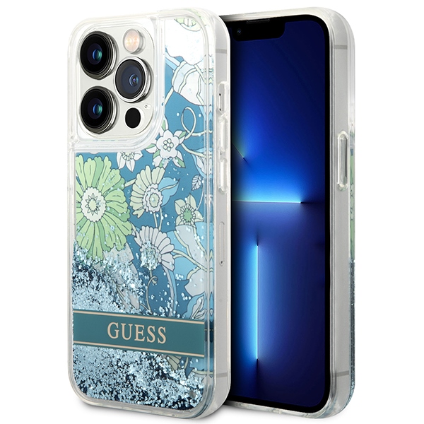 Guess Flower Liquid Glitter viedtālruņa apvalks iPhone 14 Pro Max - zaļš